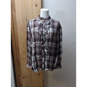 Chicos 2 Ruffle Neck Shirt Long Sleeve Brown Plaid Button Up top Dahlia Size 12